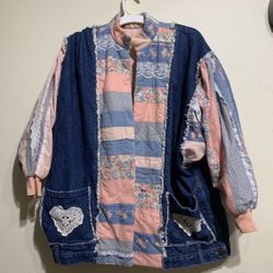 Vintage Patchwork Denim Jacket Cottagecore Boho Jean Coat Lace Trim Hearts L