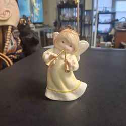 Vintage 1980's Porcelain Angel Figurine Playing 2 Gold-Painted Trumpets With A Metal Halo & A Lovely Dress 5"H Mint Condition