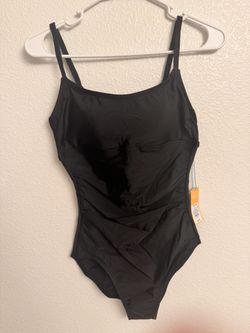Size Medium Women's Black One Piece Swimsuit Tank Style Adjustable Spaghetti Straps Nylon