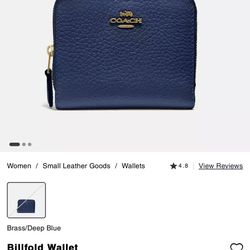 NWT Coach Blue Colorblock Pebble Leather Billfold Wallet W/Exterior Coin Pocket