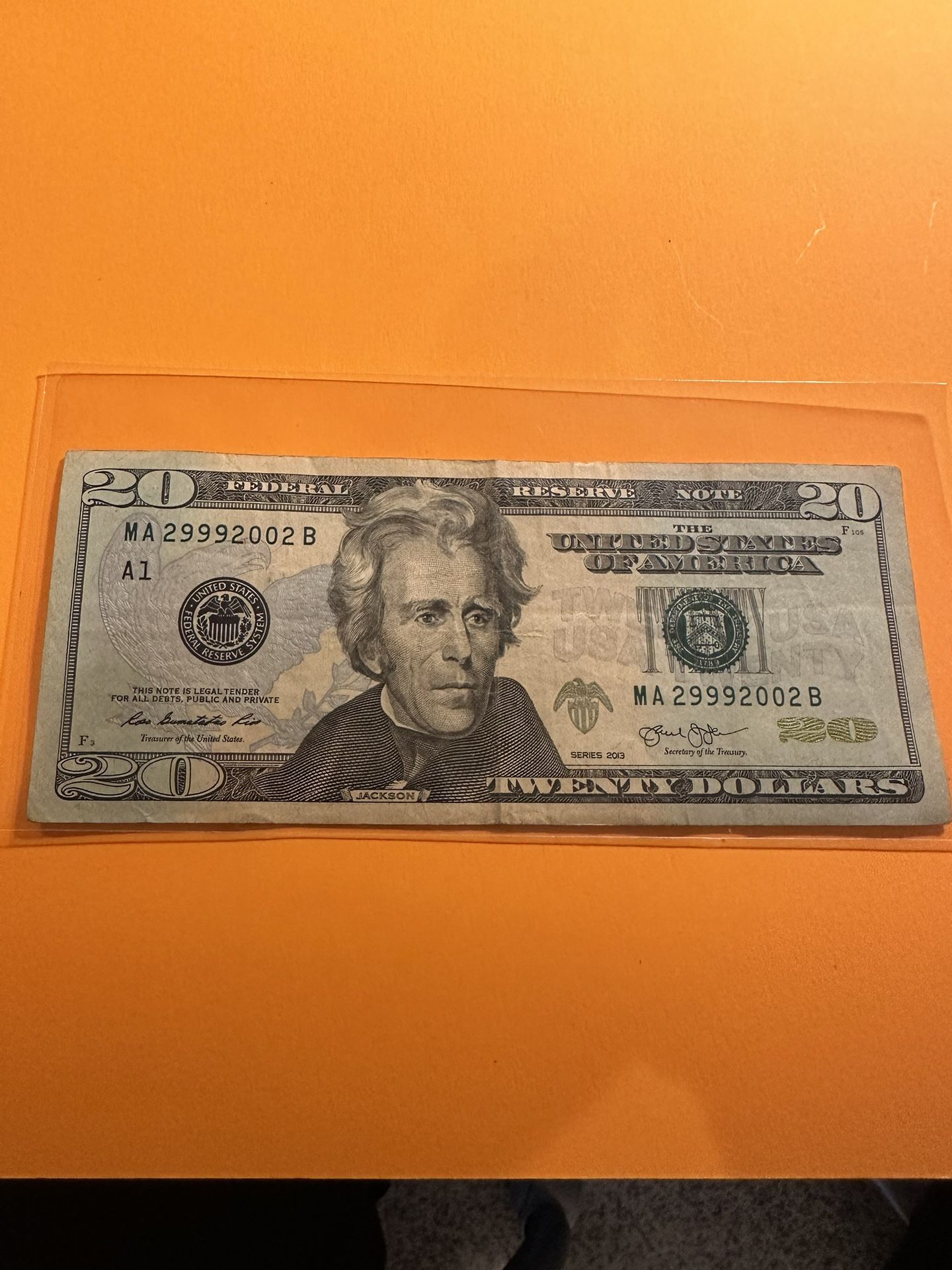 2013 Twenty Dollar Bill With Fancy Serial Number, Trinary Note