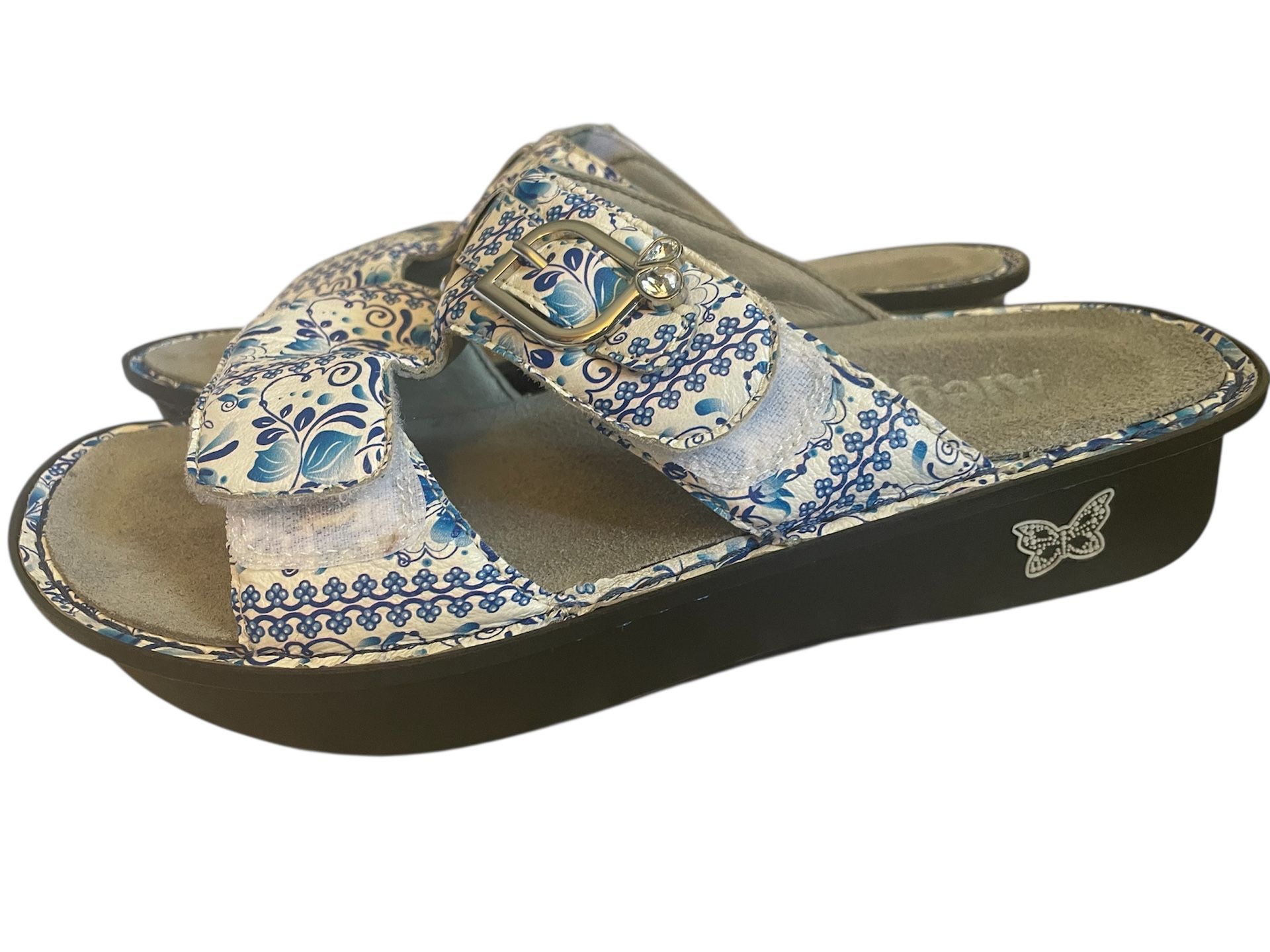 Alegria Sandals Womens 39US 8.5 Peg Slides Blue Leather Slip On Shoes Wedge