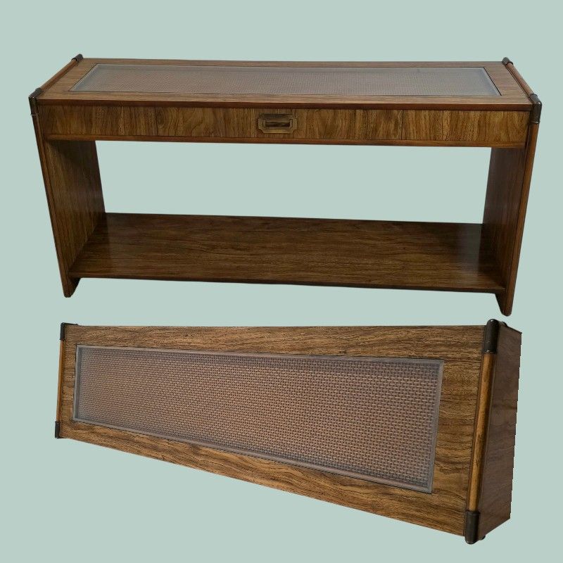 Mid Century Modern Wood Cane & Glass Top Sofa / Console Table 55" x 16" x 27.4" Vintage MCM