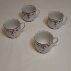 Antique Porcelain Floral White Set of Four (4) Tea Cups with Blue and Gold Trim