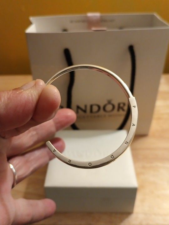 Pandora Authentic Brand New Sterling Silver Solid Signature ID Logo  Open Bangle 6.7  Inches Solid 