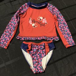 Lily & Dan Bees and floral toddler girl size 4T two piece long sleeve rash guard swimsuit 
