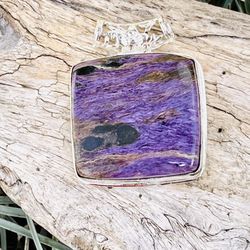 Handcrafted Square Natural Purple Charoite Sterling Silver 2” Pendant
