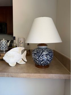 Blue & White Ceramic Table Lamp with Fabric Shade