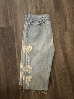 Light Wash Denim Skirt with Floral Appliqué