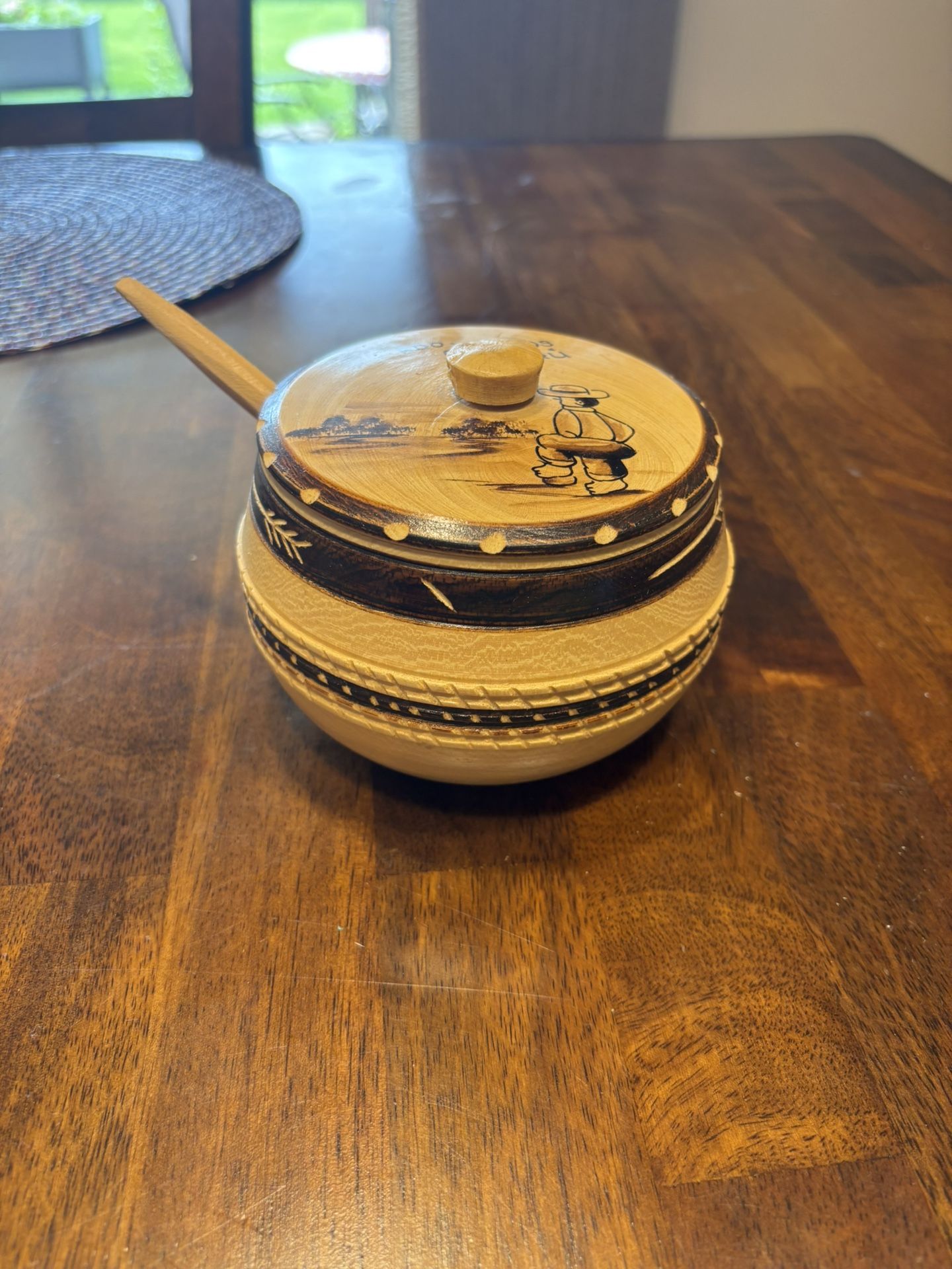 Beautifully Carved Round Wooden Trinket Box With Lid from Catacaos Peru