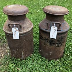 Antique Vintage Metal Milk Jugs With Patina Only Two Left