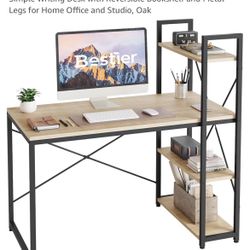 Bestier 55” Computer Desk with Adjustable Shelves, Simple Writing Desk with Reversible Bookshelf and Metal Legs - Oak