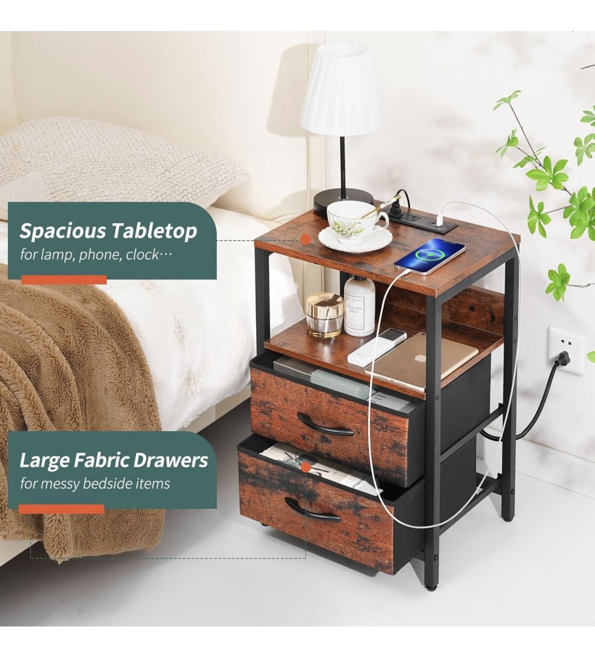 Yoobure Nightstand with Charging Station, with Fabric Drawers and Storage Shelf for Bedroom, Nightstands Bedside Tables with USB Ports