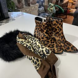 Bundle Deal Pair of Leopard BOTKIER Like New 8 1/2 Womens GREER Block Heel Boot And A San Diego Company polyester fur hat, zero to small & Scarf