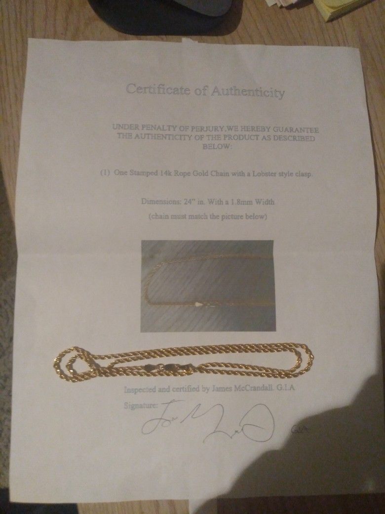 24" Solid Gold Rope Chain W/ Certificate Of Authenticity,All Products : American Fashion Style Bags On Sale