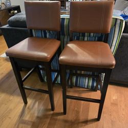 Two Caramel Faux Leather Bar Stools