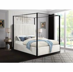 Cream Velvet Four-Poster Canopy Bed Frame