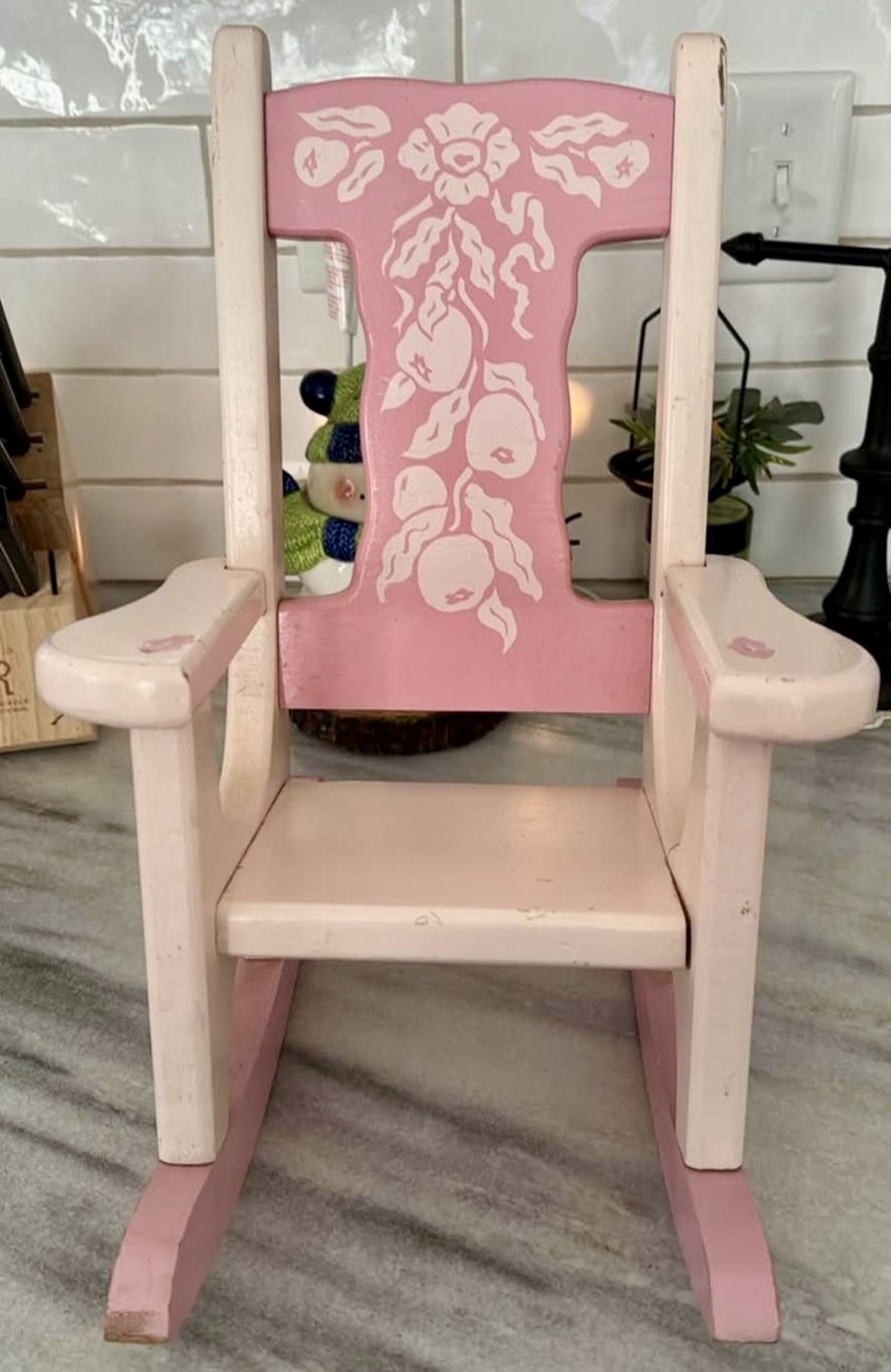 Vintage Pink Doll Wooden Rocking Chair
