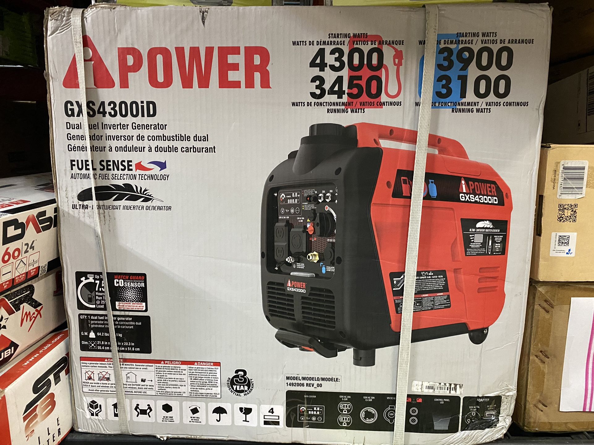 NEW IN BOX A-iPower 4300-Watt Recoil Start Gas Propane Powered Light-Weight Inverter Generator with 149cc OHV Engine and CO Sensor Shutdown