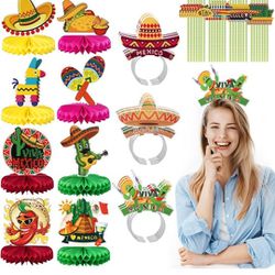  45 Pcs Cinco De Mayo Party Supplies Including 9 Sombrero Headband Hats 8 Mexican Honeycomb Table Centerpieces 28 Fiesta Paper Striped Straws Mexican 
