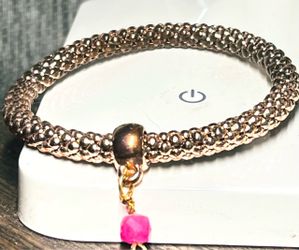 Rose Gold Beaded Bracelet w Pink Stone Charm