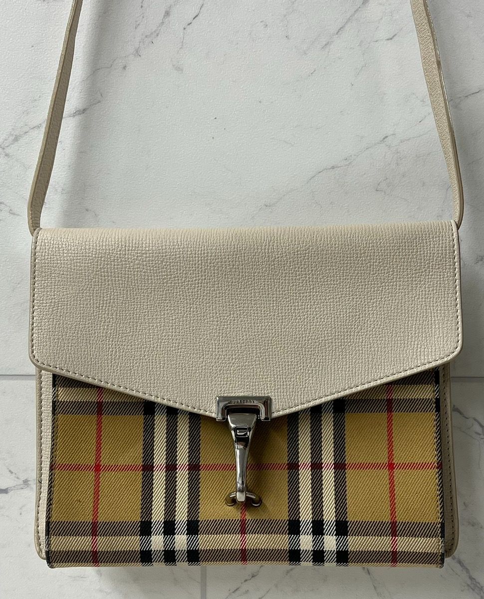 Burberry Macken Crossbody Bag Leather And Vintage Check Canvas Small (PO1014269) -Like New Condition