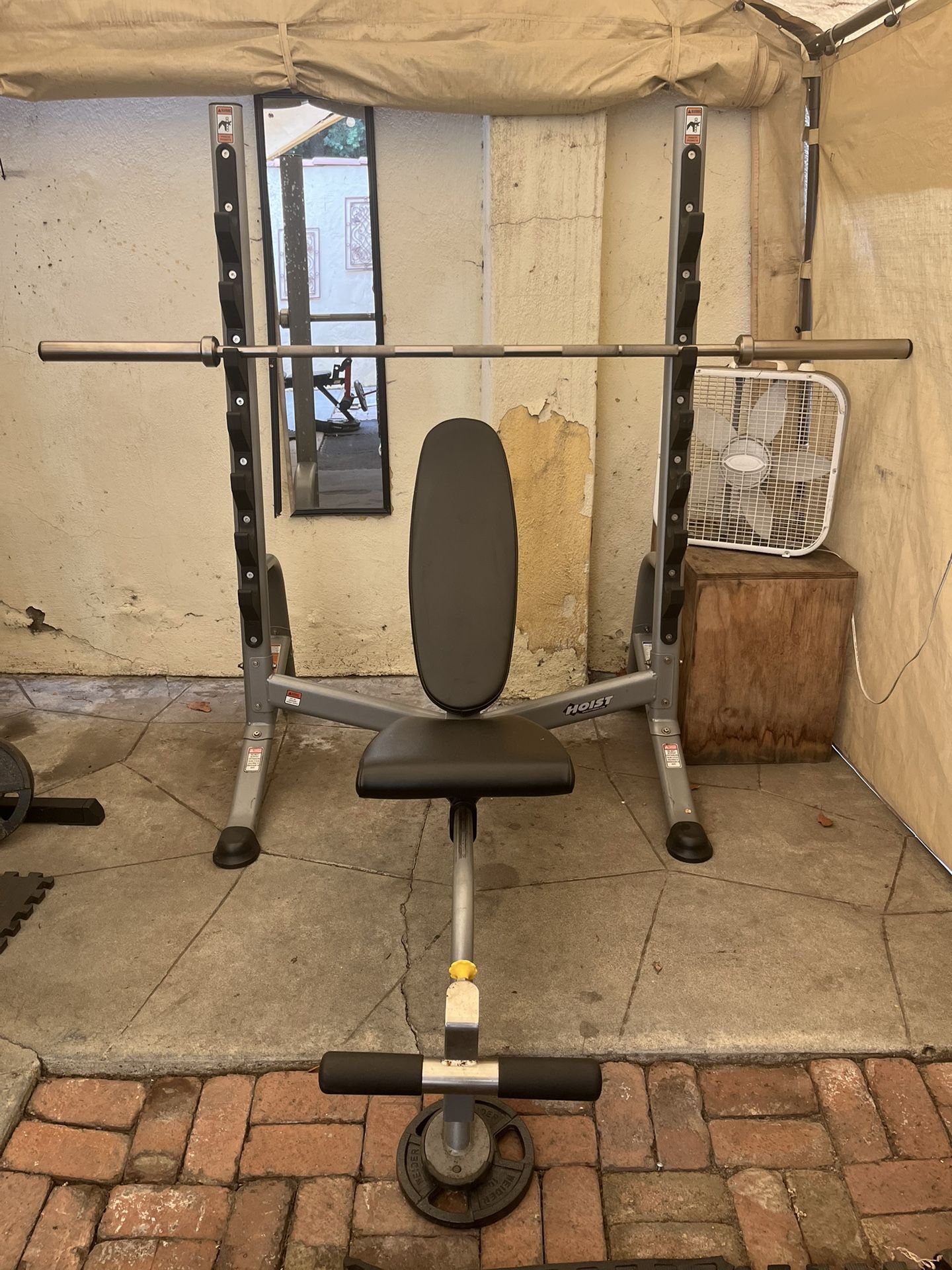 Hoist Weight Bench, Hampton Bumper Plates And Olympic Bar.