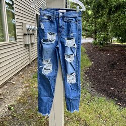 SO Women's High Rise Mom Blue Distressed Jeans