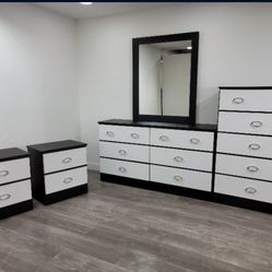 Dresser Whit Mirror, Chest And 2 Nightstands - Cómoda Con Espejo , Gavetero Y 2 Mesitas De Noche 