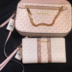 New Michael Kors Rose Gold Bag And Wallet Set