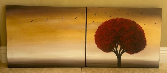 2 pictures … A red beautiful tree and the other one is flying birds!