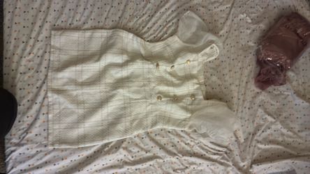 White and gold plaid mini dress with button detail Women’s dress Size 12