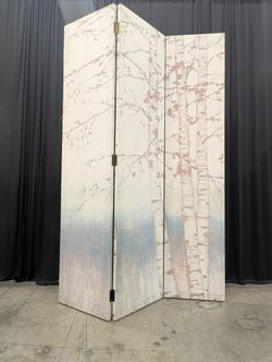 Three-Panel Birch Tree Room Divider with Painted Motif