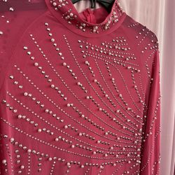 Gorgeous Pink Pearl Rhinestone Feather Mini Stretch Drag Queen Costume Show Dress