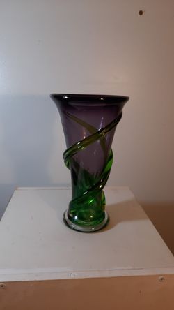Hand blown glass art purple and green vase