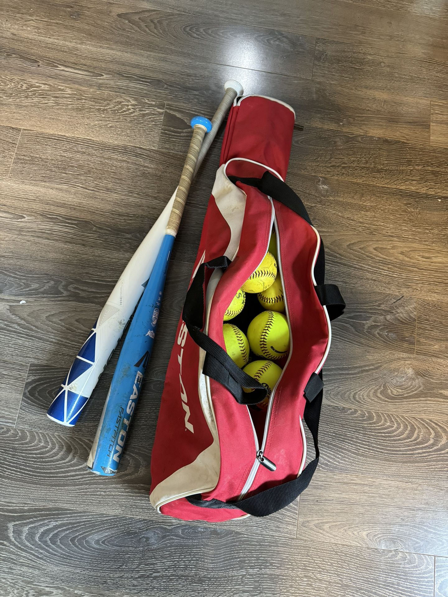 Softball Bag, softballs, and two softball bats