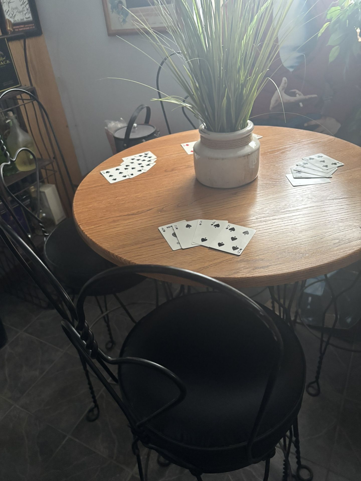 Vintage Wooden Round Card Table With 4 Padded Metal Chairs