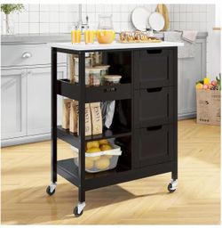 New Black Rolling Kitchen Island Cart on Wheels with Wood Top