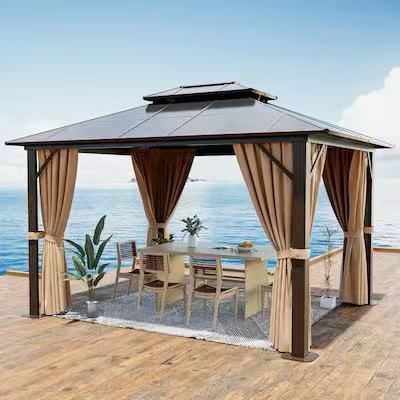 AOXUN 10-ft x 12-ft Brown Rectangle Gazebo with Hardtop Roof (Screen Included)