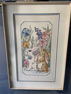 Wall Art Needlepoint Framed Bunny Picture