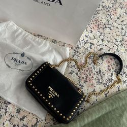 Authentic Prada Pattina Black Calf Leather Studded Flap Chain Crossbody Bag
