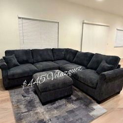 ✅️✅️️✅️4 pc Black  cordury fabric upholstered sectional sofa with ottoman✅️✅️