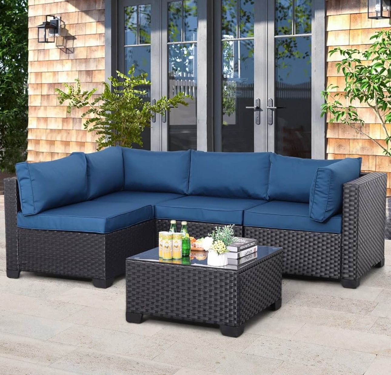 Outdoor Patio PE Wicker 5 Piece Furniture Set, Black Rattan Sectional Conversation Sofa Chair with Coffee Table