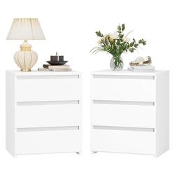 Nightstand Set of 2 White Nightstand with 3 Drawers, White Bedside Table Night Stand for Bedroom with Cut-Out Handle, Sofa Side Table 3 Dra