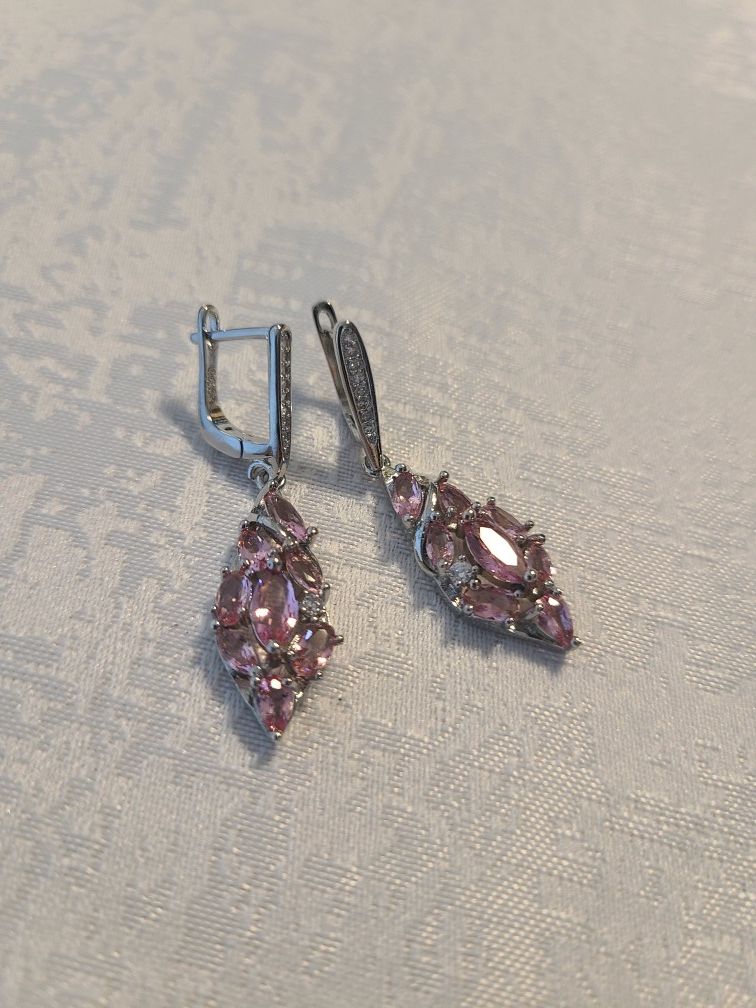 Beautiful created pink amethyst silver filled earrings