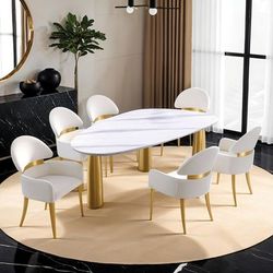 💎MODERN RETRO 7 PIECE DINING TABLE SET WHITE SINTERED STONE TOP MATTE GOLD COMEDOR MESA SILLAS💎