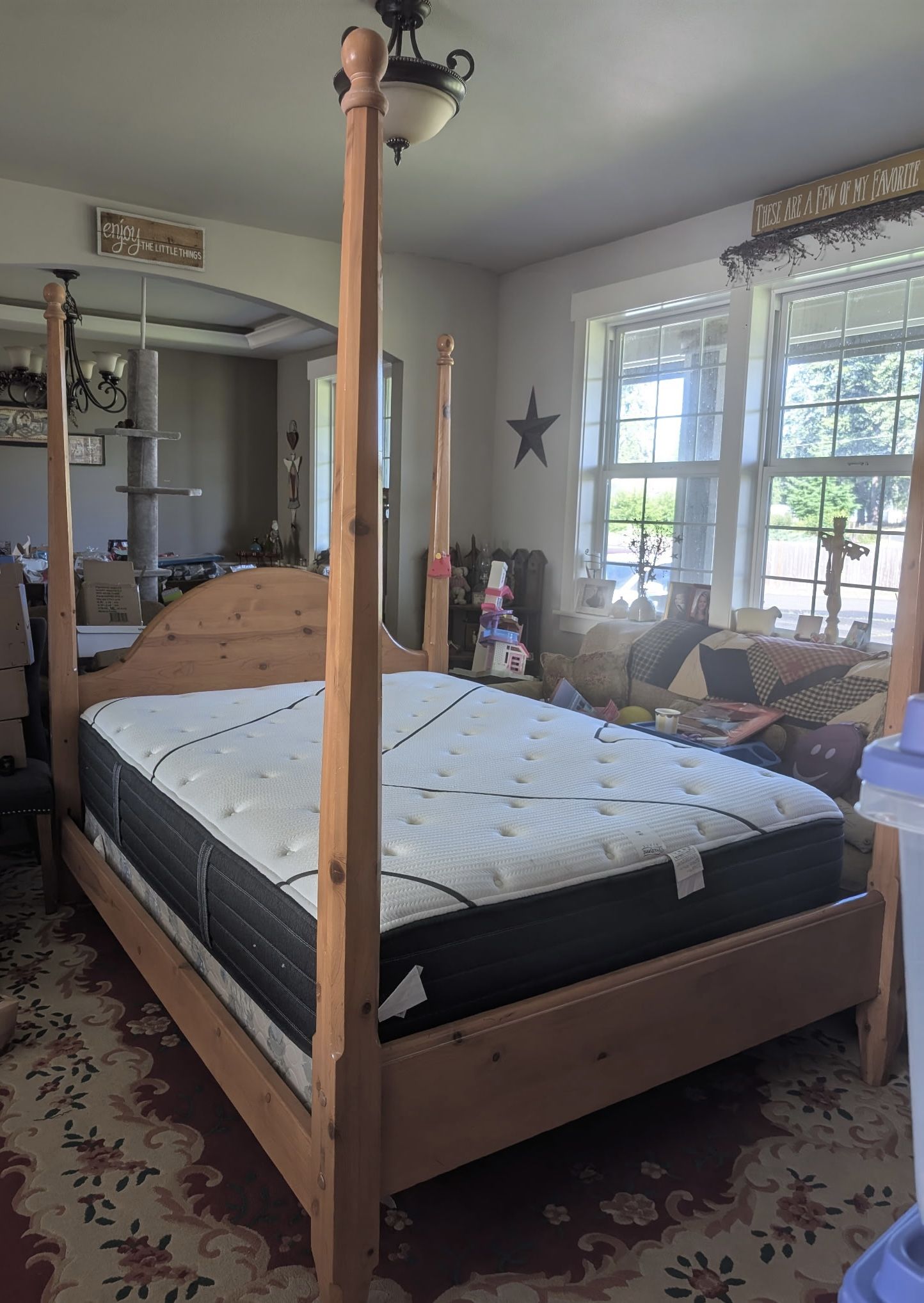 Solid Wood Queen Four Post Bed + Beautyrest Mattress + Box Spring