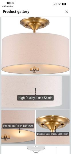 Kira Home Addison 13" 2-Light Semi-Flush Mount Ceiling Light Fixture with Off-White Fabric Drum Shade, Cool Brass Finish