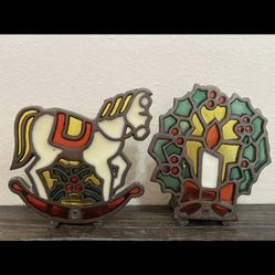 Bundle Lot Of 2 Vintage Stained Glass Candle Holder Christmas Rocking Horse