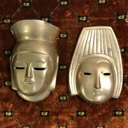 PAREJA DE MASCARAS ANTIGUA DE BRONCE 